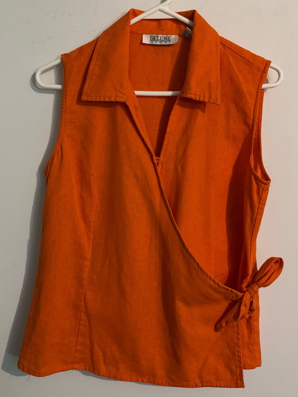 Vintage Selene Sport Sz Med Orange Linen Blend Sleeveless Faux Wrap Collared Top